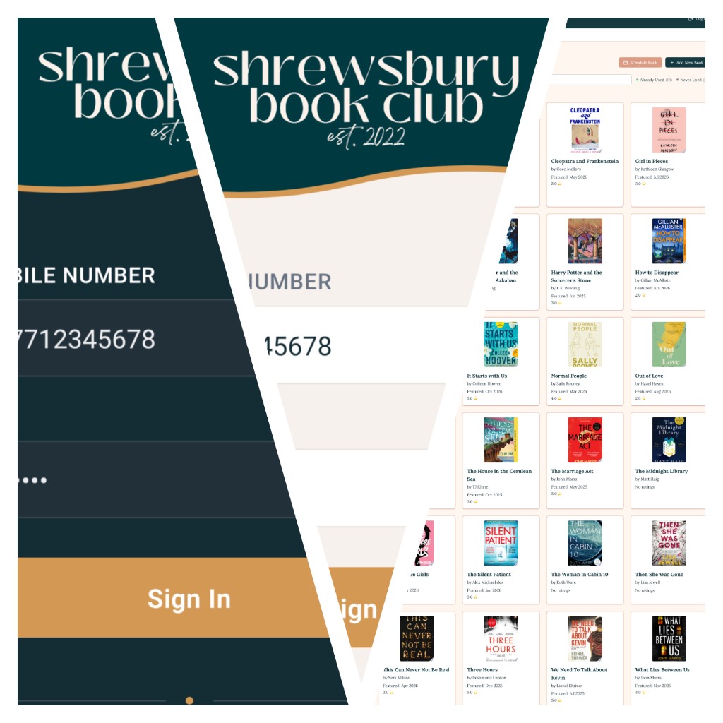 Shrewsbury Book Club app showing login screen and book library with covers, ratings, and featured dates.